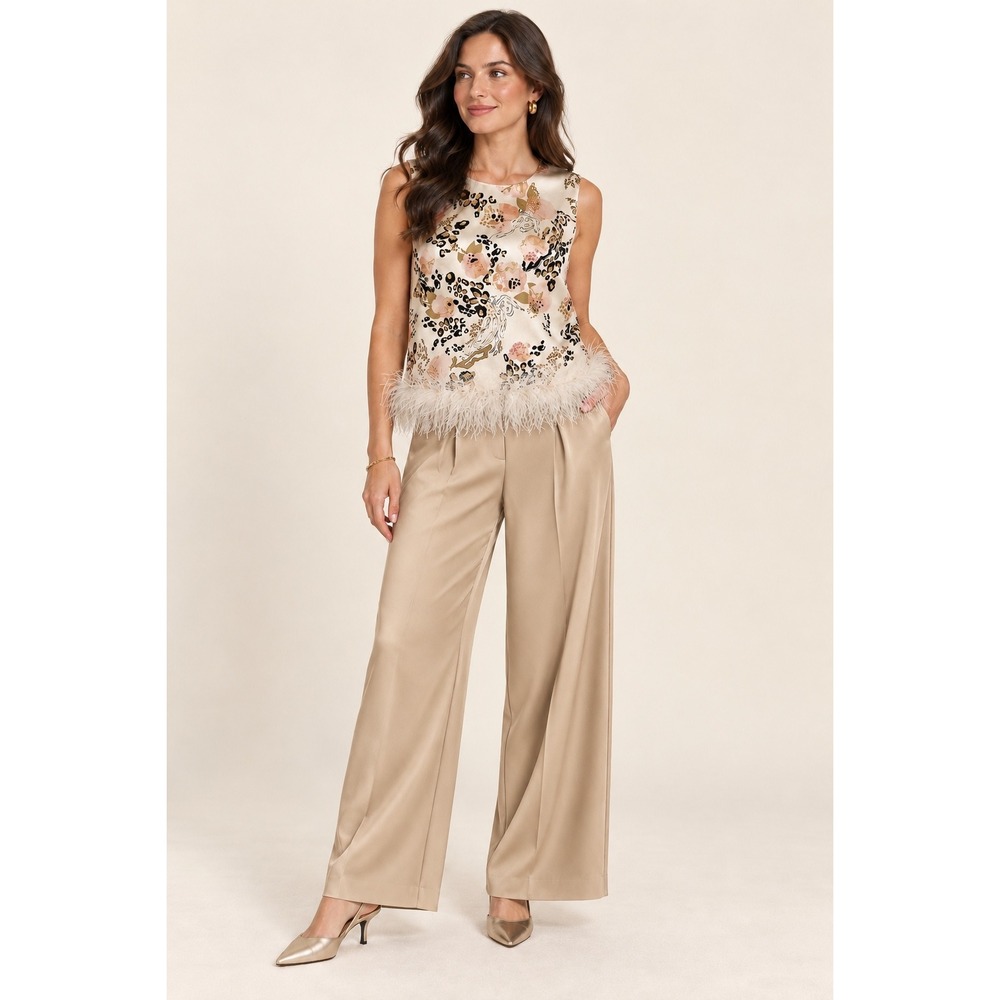 Entro Ostrich Feather Trim Leopard Floral Top Cream Boho Festival Coquette M